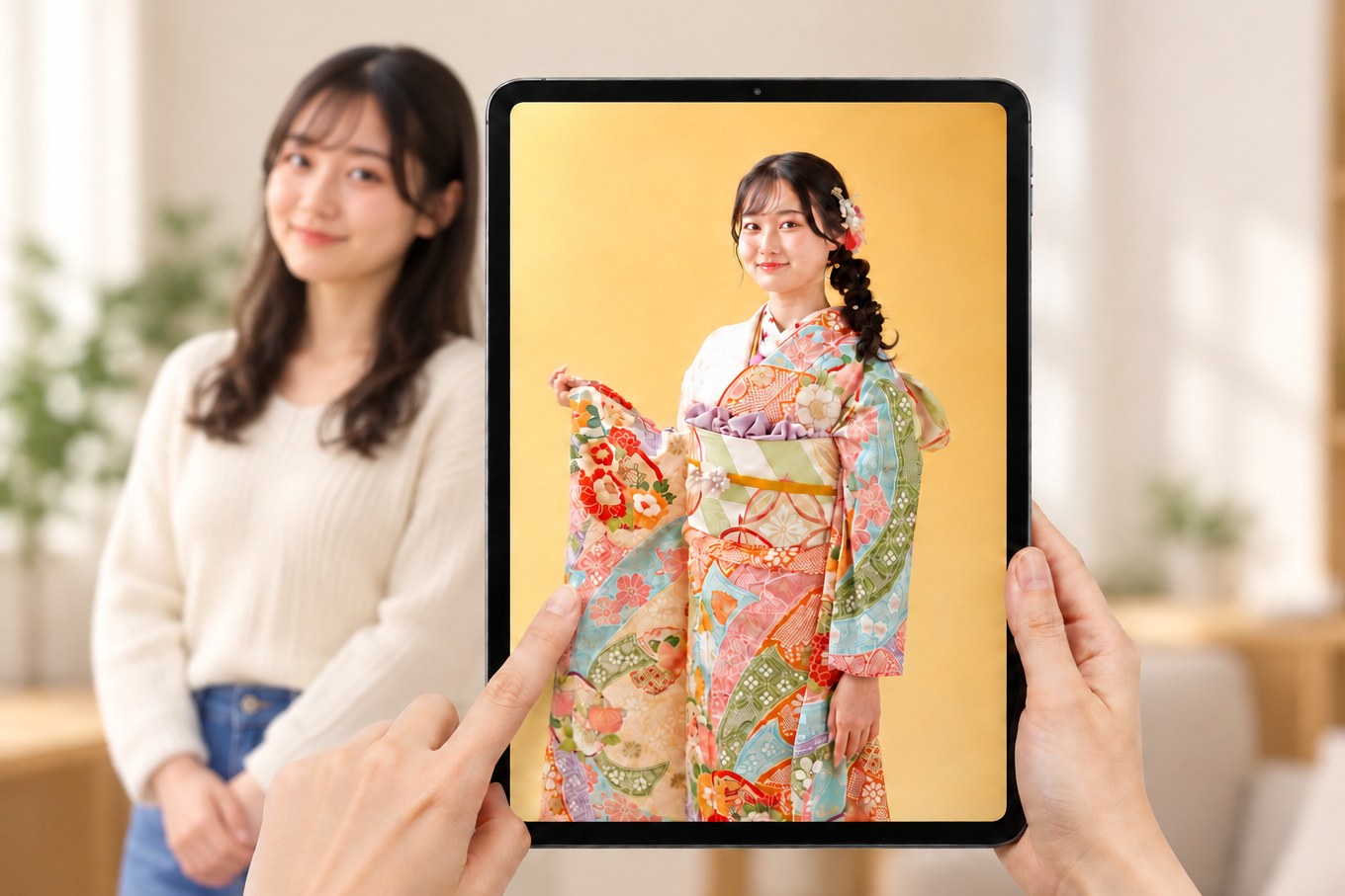 タブレットで振袖をデジタル試着